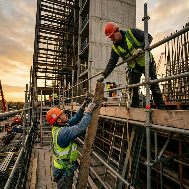Trabalhadores em andaime usando EPIs laranja e verde em obra de construção civil